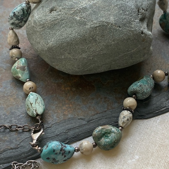 Rustic beauty river rock necklace .925 silver beaded green tan silver accents - Picture 5 of 8